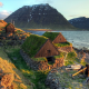 water, sea, iceland, house, stones, grass, mountains, nature, landscape wallpaper