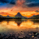 two medicine lake, usa, glacier national park, forest, mountains, lake, sky, glow, sunset, nature wallpaper