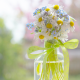 daisies, forget-me-not, bouquet, ribbon, bottle, bokeh, nature wallpaper