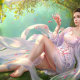 fantasy, elf, girl, dress, kitten, petals, tree, nature wallpaper