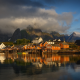 olenilsoya, village, northern norway, lofoten islands, reflection, norway, nature, sea, mountains, clouds, town wallpaper