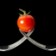 tomato, close-up, black background, forks wallpaper