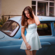 girl, summer dress, women, brunette, retro car wallpaper