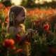 girl, flowers, sun, poppies, poppy, little girl, smile wallpaper