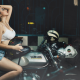women, Asian, closed eyes, white tops, jean shorts, hands in hair, motorcycles, Yamaha wallpaper