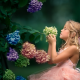 child, girl, dress, nature, summer, flowers, inflorescence, hydrangea wallpaper