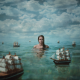 women, girl, photo, creative, sea, ships, clouds wallpaper