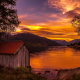 nature, landscape, boathouses, lake, sunset, Norway, trees, mountain, sky, clouds, shrubs, water, go wallpaper