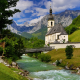 nature, landscape, bavaria, germany, mountains, alps, valley, stream, river, church, bridge wallpaper