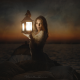 fantasy, women, girl, dark, night, lantern, sea wallpaper