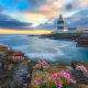 hook lighthouse, sunset, ireland, nature, landscape, sea, shore, stones, flowers, lighthouse wallpaper