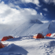 razdelnaya peak, snow, mountains, sky, tent, top, pamir mountains, pamirs, kyrgyzstan, tajikistan wallpaper