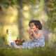 girl, apple, mood, forest, branches, grass, sitting, basket, little girl, child wallpaper