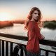 women, redhead, sweater, open sweater, dress, bridge, depth of field, sunset, river, long hair wallpaper