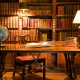 office, desk, books, globe, lamp, library wallpaper