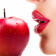 women, model, face, portrait, lips, red lipstick, open mouth, closeups, smooth skin, fruit, apples wallpaper