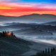 field, hills, sky, horizon, sunset, farm, light, tuscany, italy, nature wallpaper