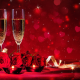 holidays, flowers, roses, ribbon, glasses, champagne, heart, sparkles wallpaper