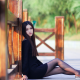 Asian, pale, dark hair, black dresses, dress, dark eyes, tights, women outdoors wallpaper