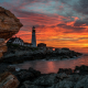 portland headlight, cape elizabeth, maine, usa, lighthouse, clouds, red sky, sunset, sea, nature wallpaper
