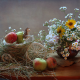 still life, table, napkin, burlap, vase, flowers, hay, fruits, apple, hedgehog wallpaper