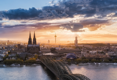 landscape, nature, cityscape, Cologne, Germany, sunset, river, church, bridge, sky, clouds wallpaper