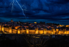 landscape, lightning, clouds, nature, Spain, lights, city, evening, sky, gold, blue wallpaper