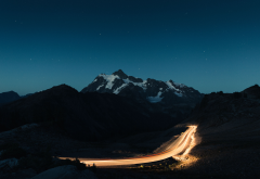 mountains, road, night, sky, nature wallpaper