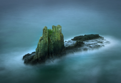 landscape, nature, mist, island, rock, sea, blue, fog wallpaper