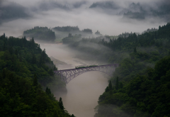landscape, nature, mist, morning, train, bridge, forest, mountain, trees wallpaper