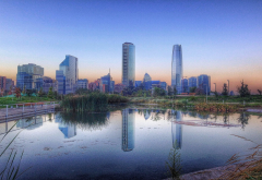 landscape, cityscape, Santiago de Chile, metropolis , nature, sunrise, park, ponds, skyscraper wallpaper
