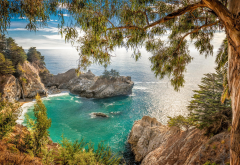 landscape, nature, California, beach, coves, waterfall, coast, sea, trees, shrubs, rock wallpaper