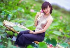 women outdoors, Asian, women, model, flowers, waterlily wallpaper