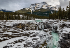 Athabasca Falls, landscape, mountains, winter, snow, rocks, jasper, alberta, canada wallpaper
