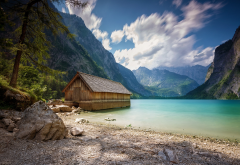 landscape, nature, boathouses, lake, summer, mountain, Alps, clouds, trees, beach wallpaper