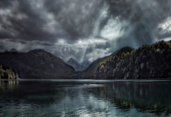 nature, landscape, lake, forest, fall, clouds, sun rays, mountain, Germany, dark, water wallpaper