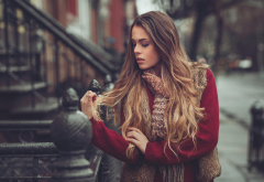 women, model, blonde, women outdoors, scarf, sweater wallpaper