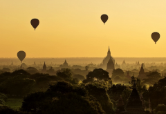 hot air balloons, balloons, Bagan, Myanmar, temple, landscape, nature, sunrise, panorama, mist, fore wallpaper