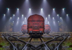 landscape, train, railway, night, lights, rails wallpaper