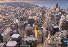Chicago, city, cityscape, USA, building, skyscrapers, street light, sunset, sea, lake wallpaper