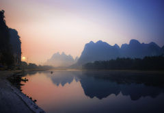 China, nature, landscape, reflection, river, mountains, sunrise, mist, boat, water, calm wallpaper