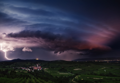 lightning, thunderstorm, storm, clouds, sky, Austria, nature, landscape, field, village, lights wallpaper