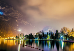 lake garda, italy, night, landscape, nature, lights, mountains, lake, reflection wallpaper