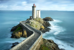 lighthouse, France, bridge, rock, stones, waves, sea, nature, landscape wallpaper