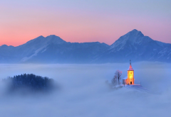 slovania, church, sky, winter, mountains, clouds, fog, nature wallpaper