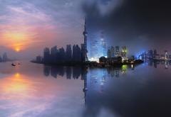 Shanghai, China, city, cityscape, skyscrapers, sunset, tower, reflection wallpaper