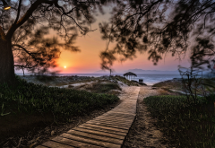 island, path, walkway, beach, sunset, sea, greece, sand, landscape, nature wallpaper