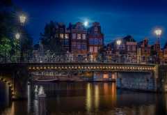 Amsterdam, bridge, lights, canal, moon, building, house, urban, city, Netherlands wallpaper