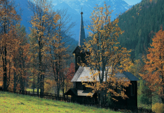 Tatra Mountains, Slovakia, architecture, tree, forest, mountains, fence, church, nature wallpaper