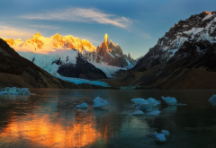 lake, glacier, sunrise, mountains, snow, ice, nature, argentina wallpaper